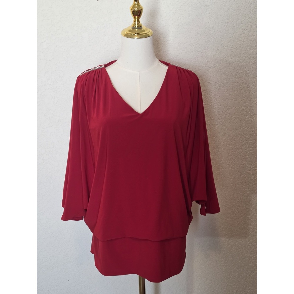 Prelude Women's Sz M Red Blouse Crystal Stud Sleeve Accents/Holiday/Party
